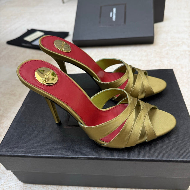 YSL 26S HEELED SANDALS 105 MM IN OLIVE GREEN SATIN