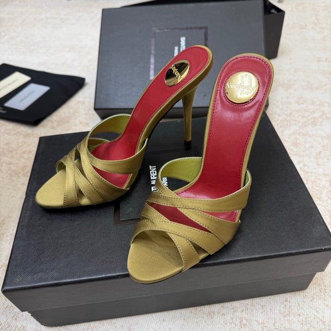 YSL 26S HEELED SANDALS 105 MM IN OLIVE GREEN SATIN
