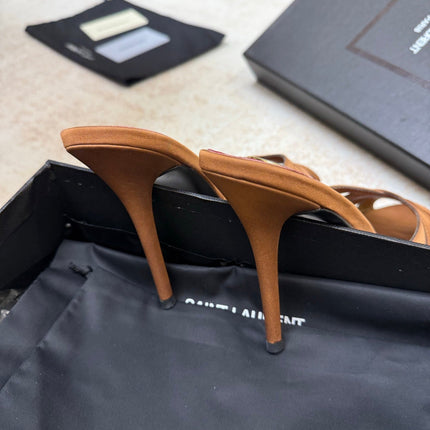 YSL 26S HEELED SANDALS 105 MM IN CLAY BROWN SATIN