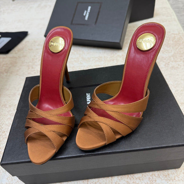 YSL 26S HEELED SANDALS 105 MM IN CLAY BROWN SATIN
