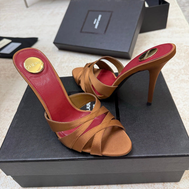 YSL 26S HEELED SANDALS 105 MM IN CLAY BROWN SATIN