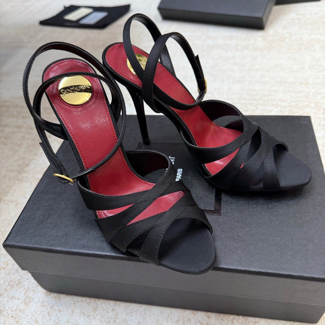 YSL 26S STRAPPY HEELED SANDALS 105 MM IN BLACK SATIN