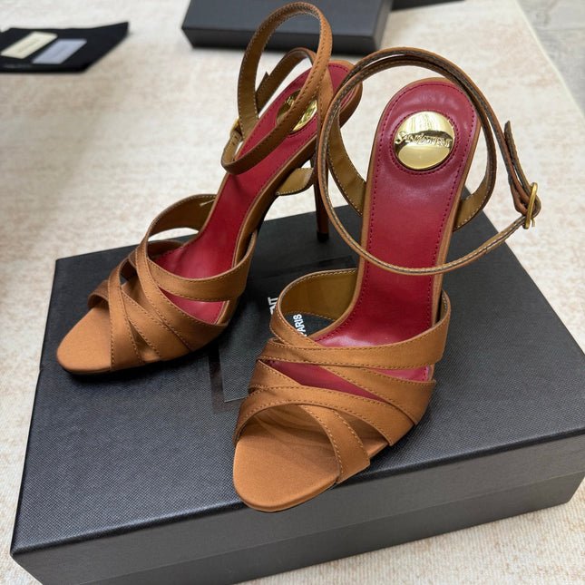 YSL 26S STRAPPY HEELED SANDALS 105 MM IN CLAY BROWN SATIN