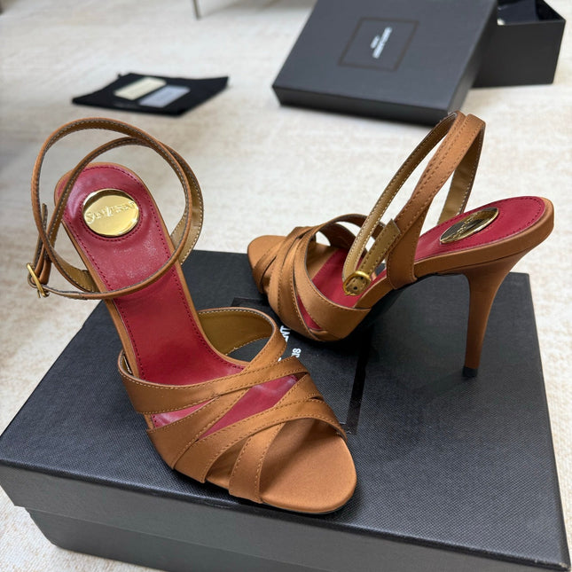 YSL 26S STRAPPY HEELED SANDALS 105 MM IN CLAY BROWN SATIN