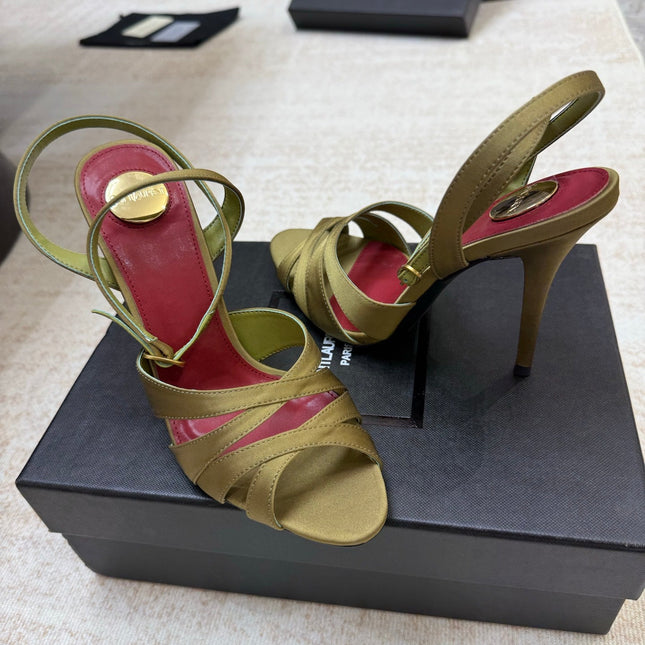 YSL 26S STRAPPY HEELED SANDALS 105 MM IN OLIVE GREEN SATIN