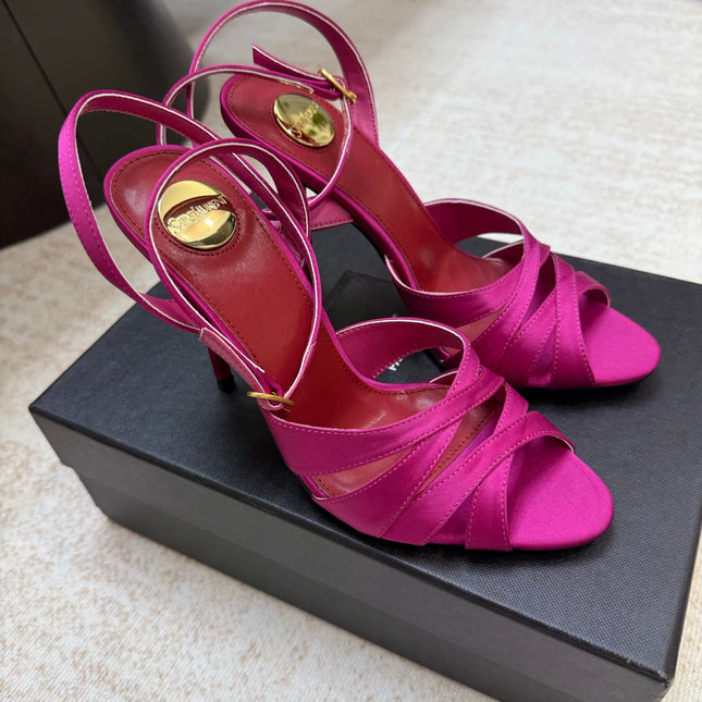 YSL 26S STRAPPY HEELED SANDALS 105 MM IN DARK PINK SATIN