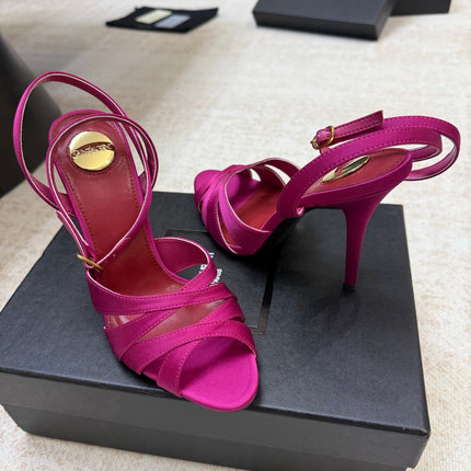 YSL 26S STRAPPY HEELED SANDALS 105 MM IN DARK PINK SATIN