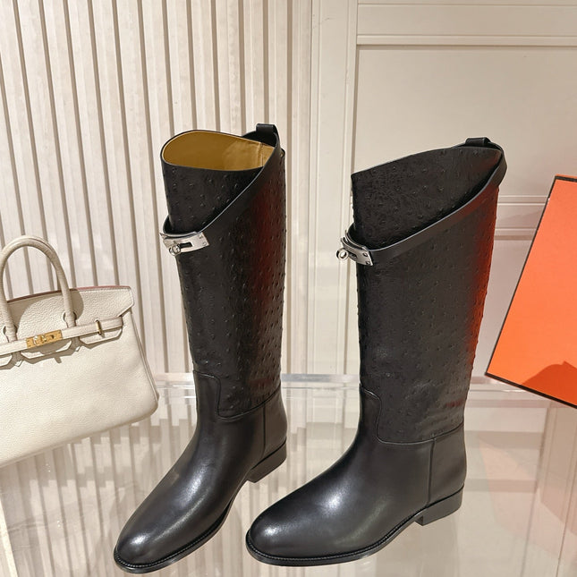HM 26S TALL FLAT BOOTS IN BLACK OSTRICH LEATHER