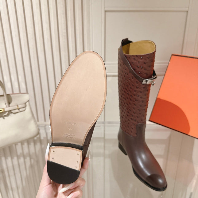 HM 26S TALL FLAT BOOTS IN DARK BROWN OSTRICH LEATHER
