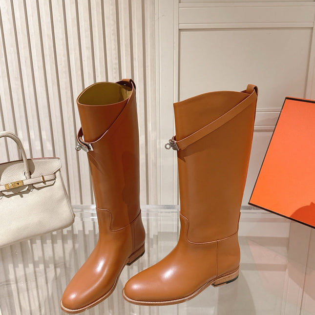 HM 26S TALL FLAT BOOTS IN COGNAC BROWN CALFSKIN