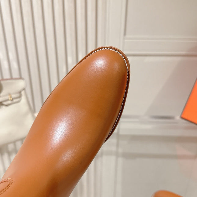 HM 26S TALL FLAT BOOTS IN COGNAC BROWN CALFSKIN