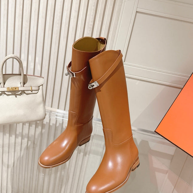 HM 26S TALL FLAT BOOTS IN COGNAC BROWN CALFSKIN