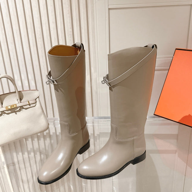 HM 26S TALL FLAT BOOTS IN GREYISH BEIGE CALFSKIN