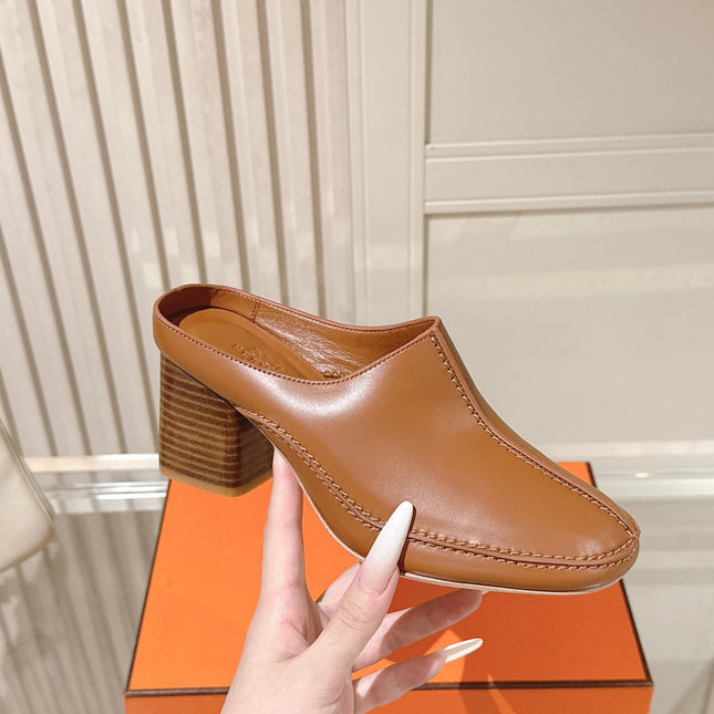 HM 26S HEEL MULES 65 MM IN LIGHT BROWN CALFSKIN