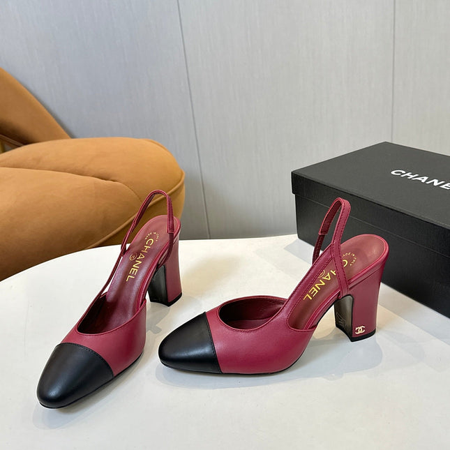 CC SLINGBACK IN BURGUNDY RED MIX BLACK CALFSKIN
