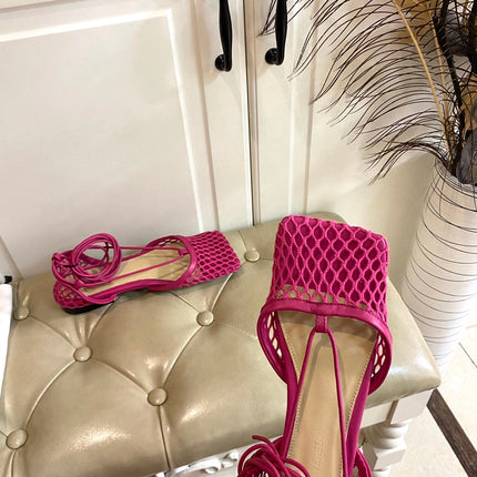 STRETCH LACE-UP FLAT SANDAL IN BRIGHT PINK METALLIZED MESH AND LEATHER