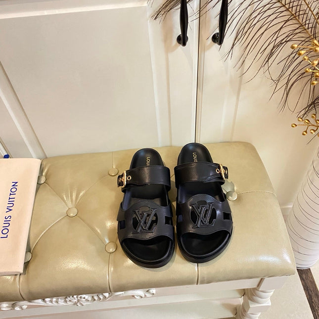 LV 26S ISOLA COMFORT MULES IN BLACK CALFSKIN