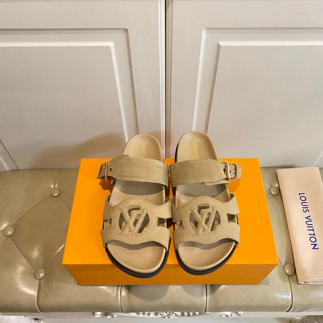 LV 26S ISOLA COMFORT MULES IN DARK BEIGE SUEDE