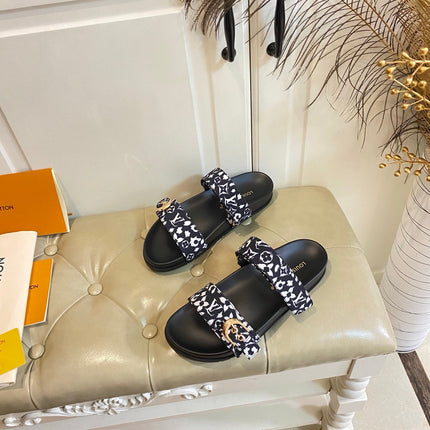 LV 26S DOUBLE-STRAP PILLOW MULES IN WHITE AND BLACK CANVAS
