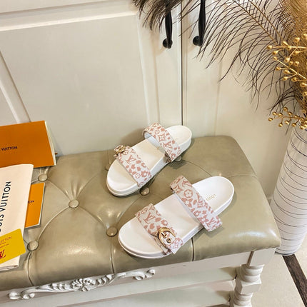 LV 26S DOUBLE-STRAP PILLOW MULES IN WHITE AND DUSTY ROSE CANVAS