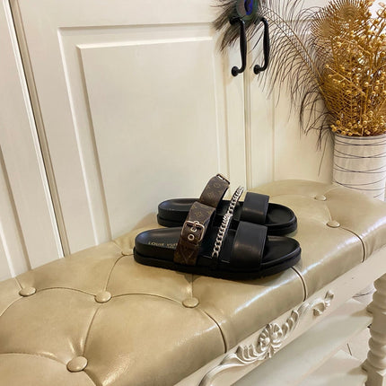 LV 26S STRAP SLIDES IN DARK BROWN CALFSKIN AND CANVAS
