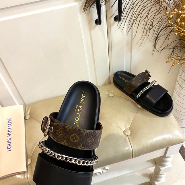 LV 26S STRAP SLIDES IN DARK BROWN CALFSKIN AND CANVAS