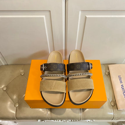 LV 26S STRAP SLIDES IN BROWN SUEDE AND CANVAS