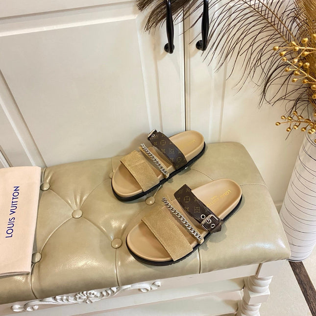 LV 26S STRAP SLIDES IN BROWN SUEDE AND CANVAS