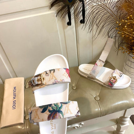 LV 26S TWO-STRAP SANDALS IN MULTICOLOR MONOGRAM CANVAS WITH FLORAL PRINT