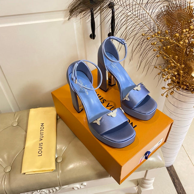 LV 26S HIGH-HEELED SANDALS 110 MM IN DUSTY BLUE PURPLE SATIN AND CALFSKIN