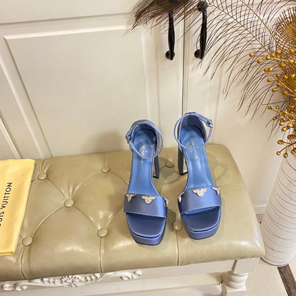 LV 26S HIGH-HEELED SANDALS 110 MM IN DUSTY BLUE PURPLE SATIN AND CALFSKIN
