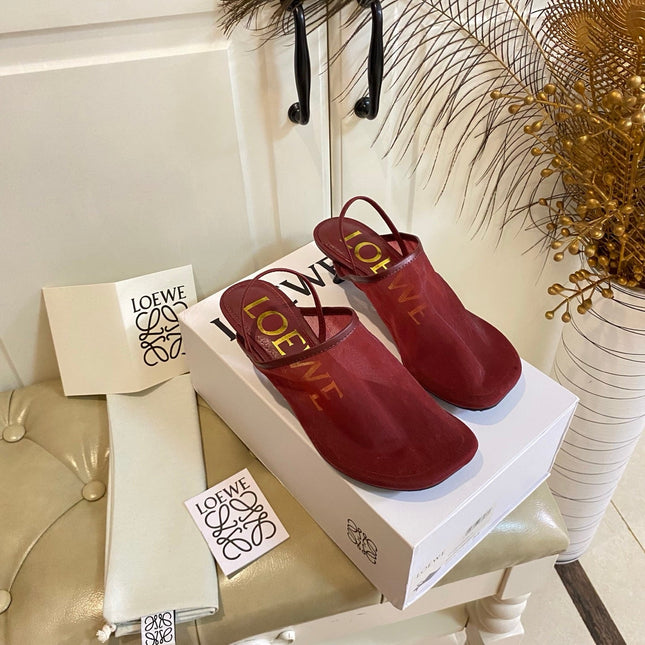 LOEWE 26S SLINGBACK MULES 45MM IN BURGUNDY RED MESH