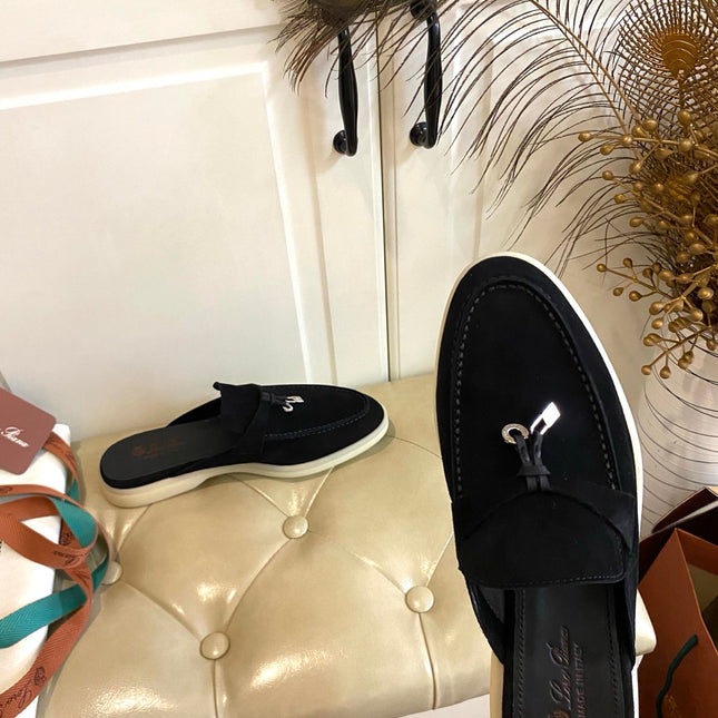 LP 26S LOCK CHARM MULES IN BLACK SUEDE GOLD HARDWARE