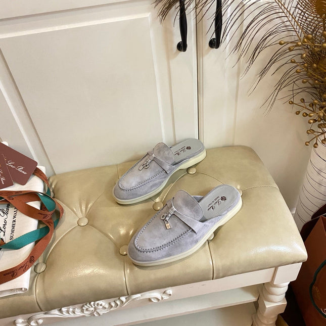 LP 26S LOCK CHARM MULES IN LIGHT GREY SUEDE GOLD HARDWARE