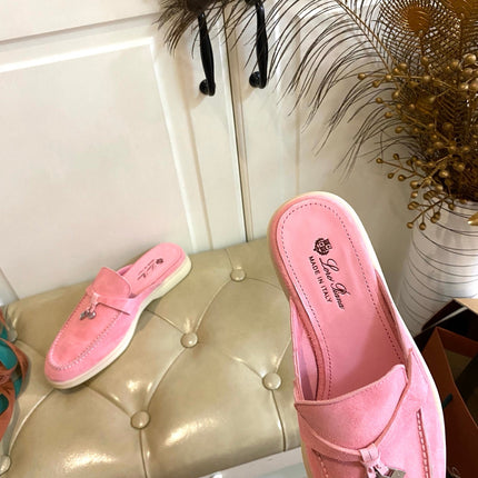 LP 26S LOCK CHARM MULES IN PINK SUEDE GOLD HARDWARE
