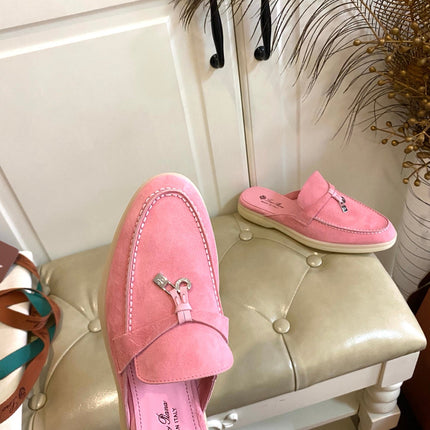 LP 26S LOCK CHARM MULES IN PINK SUEDE GOLD HARDWARE