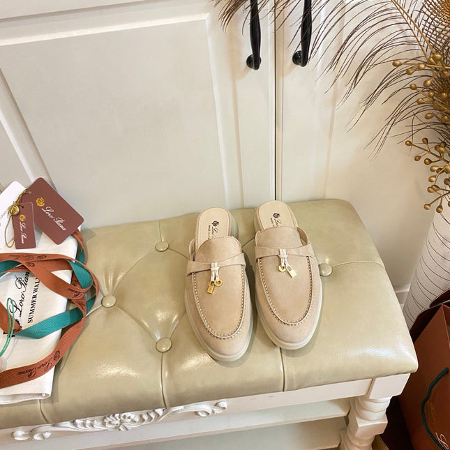 LP 26S LOCK CHARM MULES IN LIGHT BROWN SUEDE GOLD HARDWARE