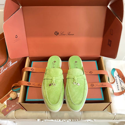 LP 26S LOCK CHARM MULES IN LIGHT GREEN SUEDE GOLD HARDWARE
