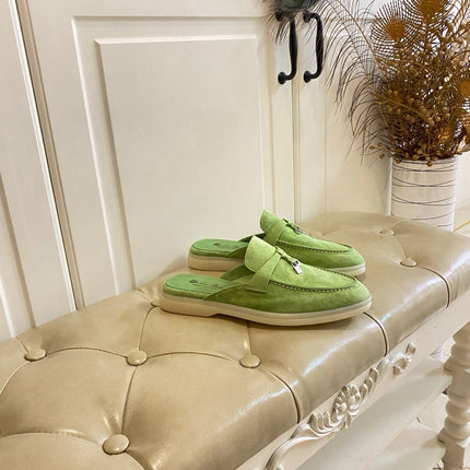 LP 26S LOCK CHARM MULES IN LIGHT GREEN SUEDE GOLD HARDWARE