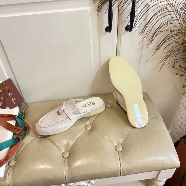 LP 26S LOCK CHARM MULES IN CREAM WHITE SUEDE GOLD HARDWARE