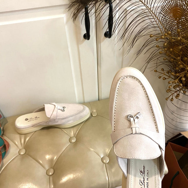 LP 26S LOCK CHARM MULES IN CREAM WHITE SUEDE GOLD HARDWARE