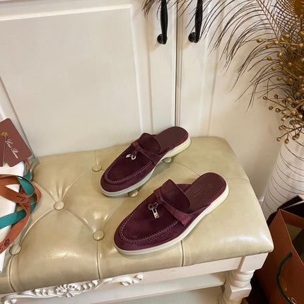 LP 26S LOCK CHARM MULES IN BURGUNDY RED SUEDE GOLD HARDWARE