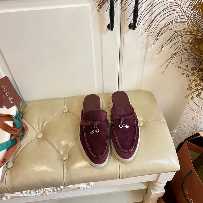 LP 26S LOCK CHARM MULES IN BURGUNDY RED SUEDE GOLD HARDWARE