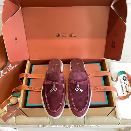 LP 26S LOCK CHARM MULES IN BURGUNDY RED SUEDE GOLD HARDWARE