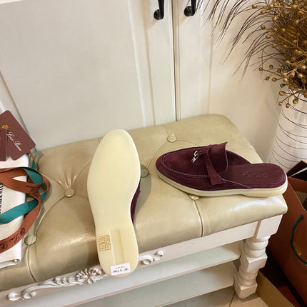 LP 26S LOCK CHARM MULES IN BURGUNDY RED SUEDE GOLD HARDWARE