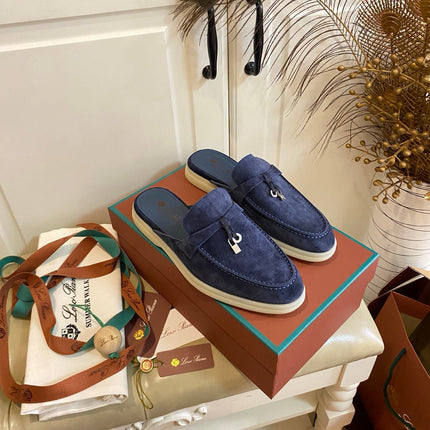 LP 26S LOCK CHARM MULES IN NAVY BLUE SUEDE GOLD HARDWARE