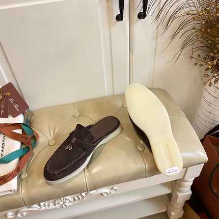 LP 26S LOCK CHARM MULES IN DARK BROWN SUEDE GOLD HARDWARE