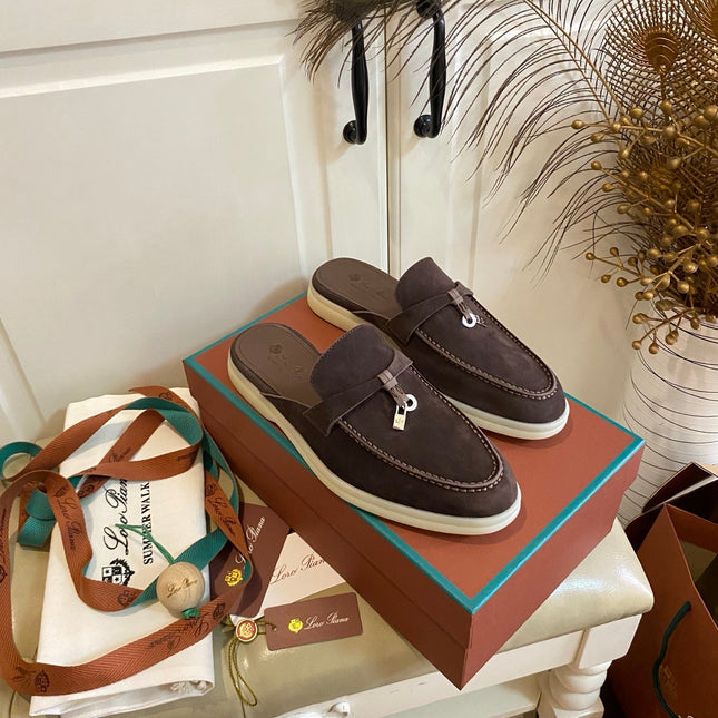 LP 26S LOCK CHARM MULES IN DARK BROWN SUEDE GOLD HARDWARE