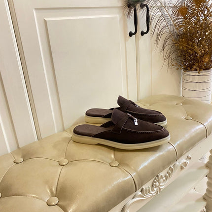 LP 26S LOCK CHARM MULES IN DARK BROWN SUEDE GOLD HARDWARE