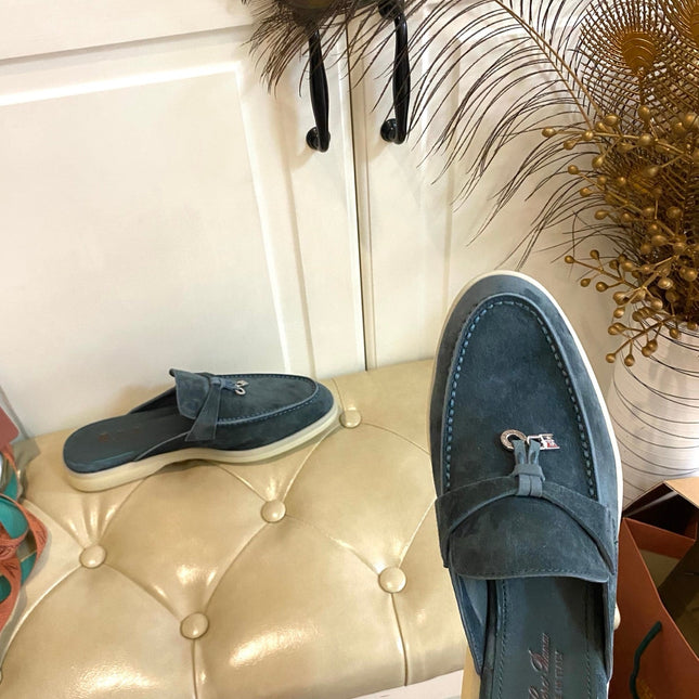 LP 26S LOCK CHARM MULES IN SLATE BLUE SUEDE GOLD HARDWARE